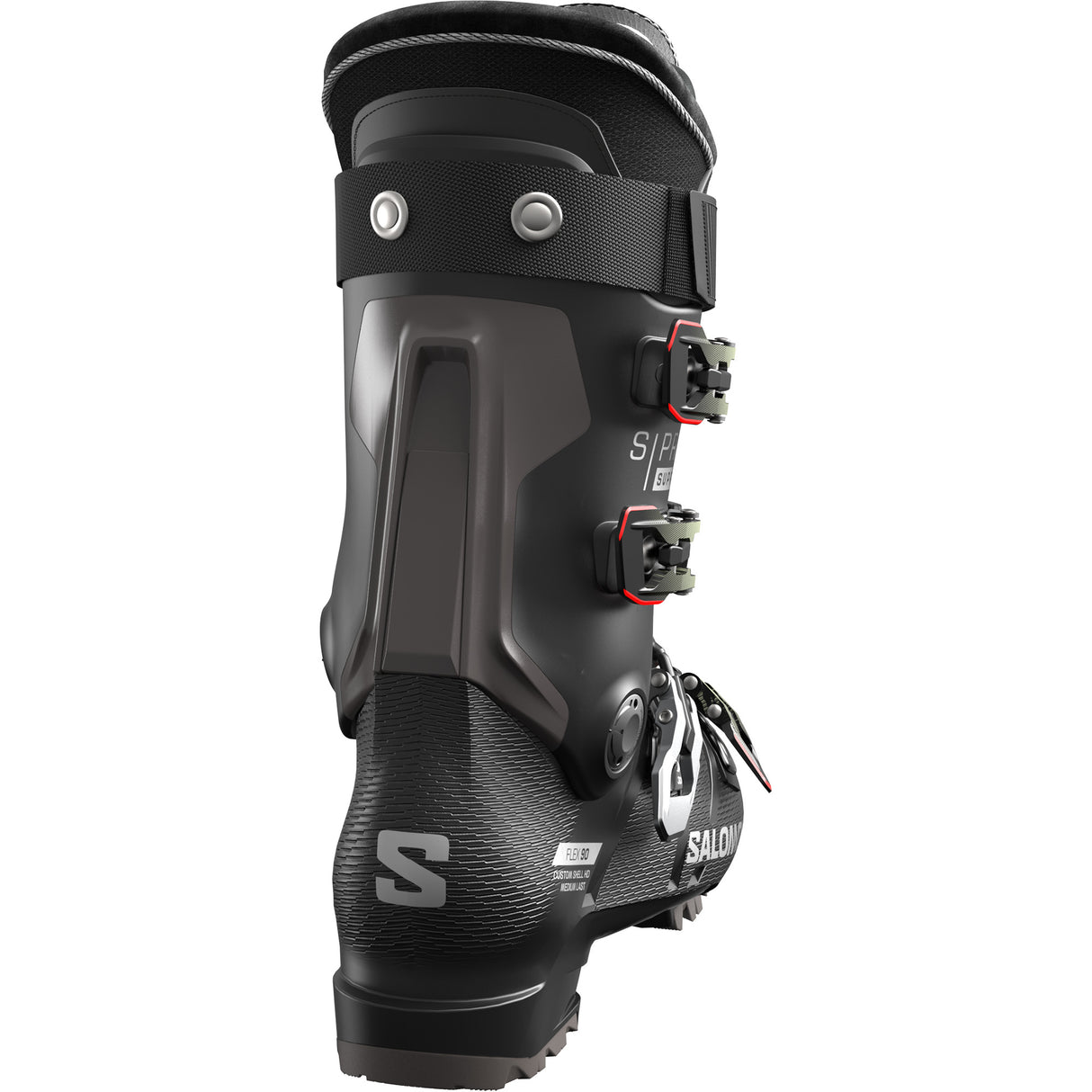 S/Pro Supra 90- Black ski boot with visible branding on a white background