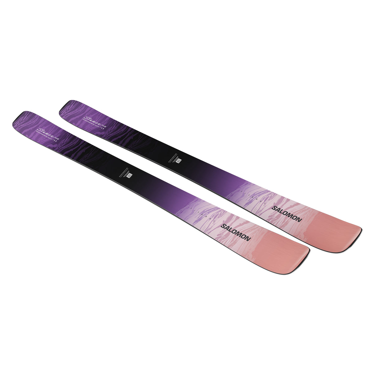 W Stance Pro 88- Pair of skis with a purple and pink gradient on a white background