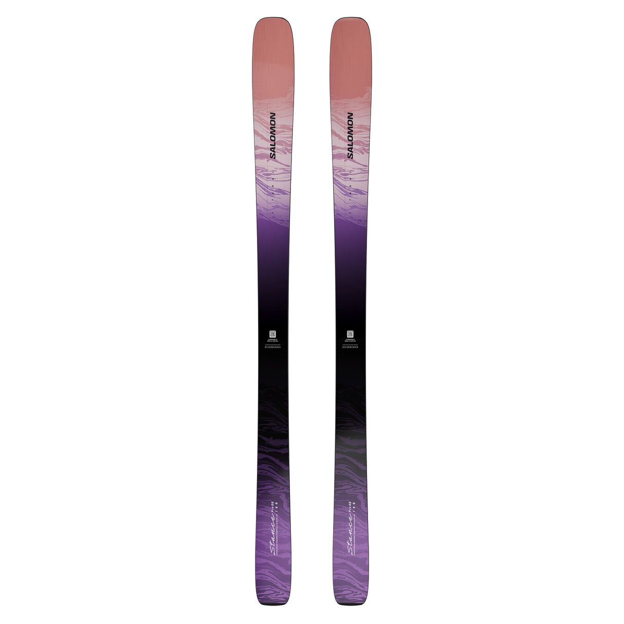 W Stance Pro 88- Pair of skis with a purple and pink gradient on a white background