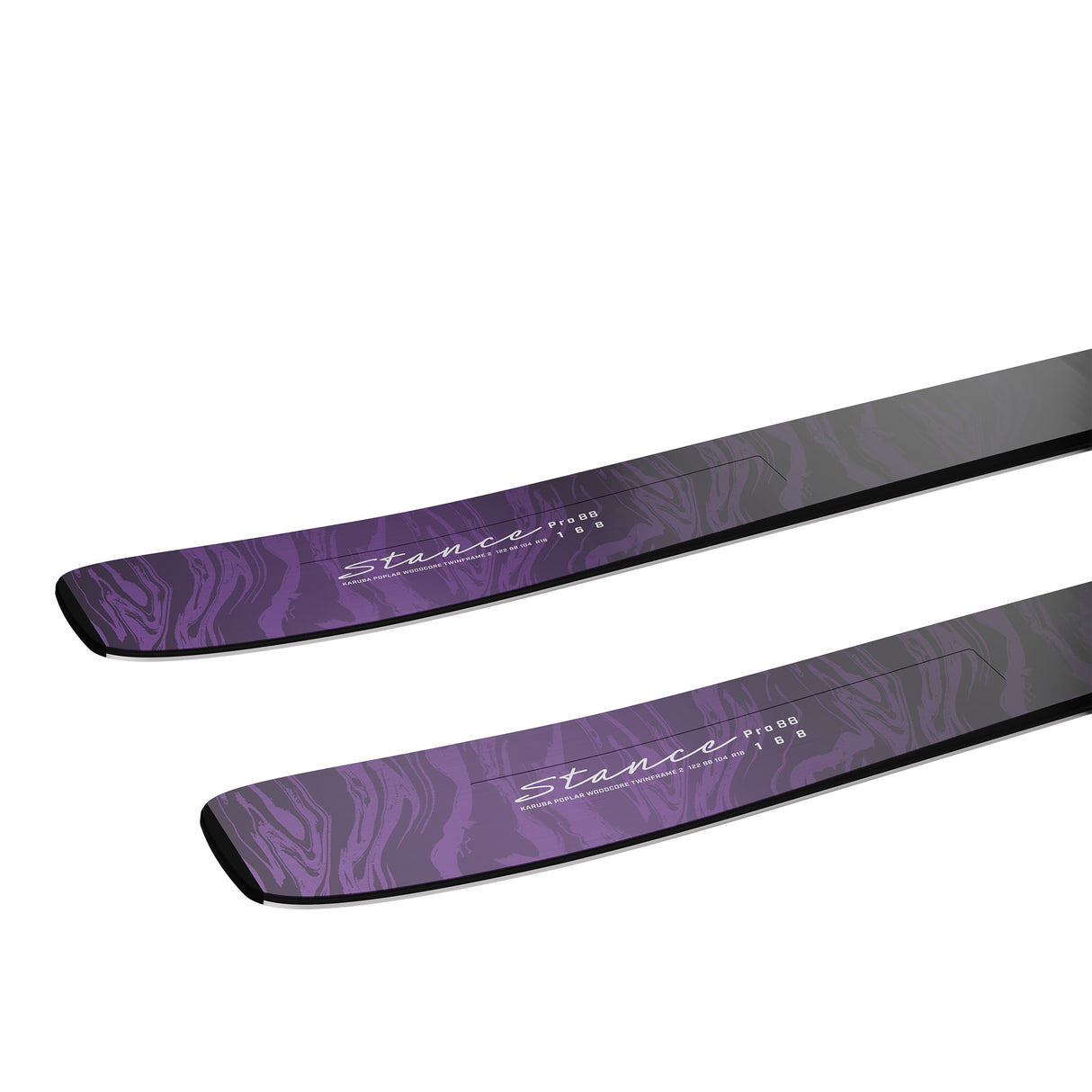 W Stance Pro 88- Pair of skis with a purple and pink gradient on a white background
