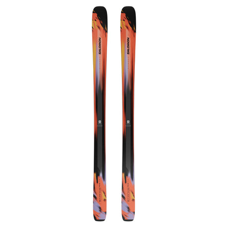 Stance Pro 96- A pair of Salomon Stance Pro 96 adult skis for the year 2027, featuring a black, orange, and blue color scheme.