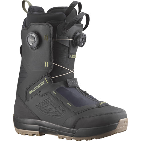 EchoDualBOAWide-A pair of Salomon Echo Dual BOA Wide Men's snowboard boots in black color, featuring a dual BOA lacing system and STR8JKT heel hold technology.