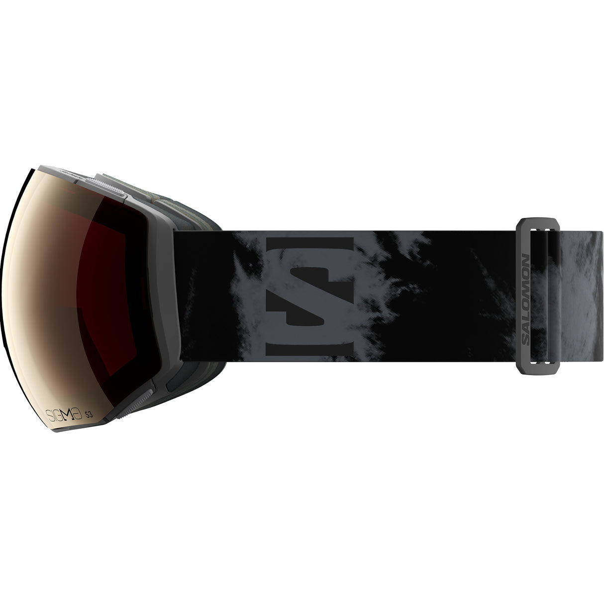 RadiumPrimeSigma-Ski goggles with a black and gold + pink lens, and black strap on a white background.
