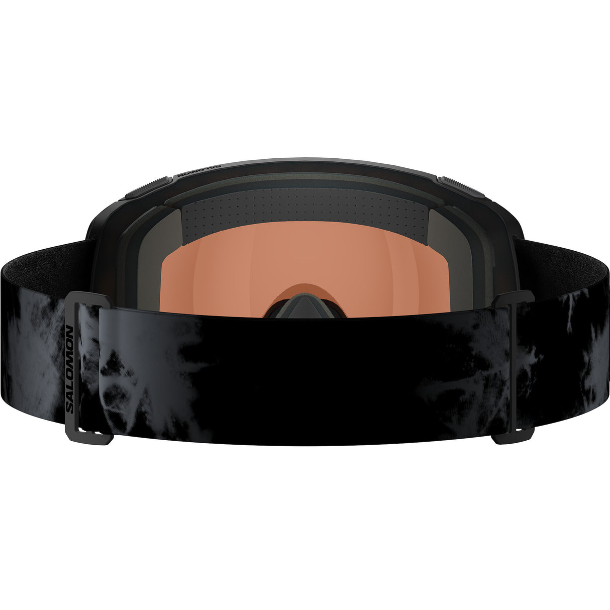 RadiumPrimeSigma-Ski goggles with a black and gold + pink lens, and black strap on a white background.