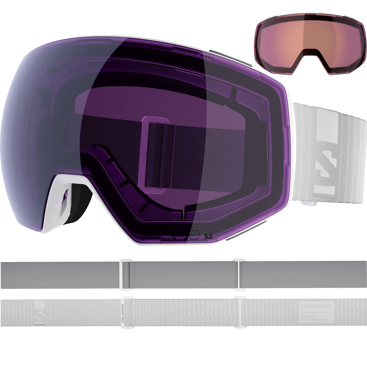 RadiumPrimeSigma-Ski goggles with purple lens and pinkish-red side lenses with a white strap on a white background