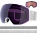 RadiumPrimeSigma-Ski goggles with purple lens and pinkish-red side lenses with a white strap on a white background