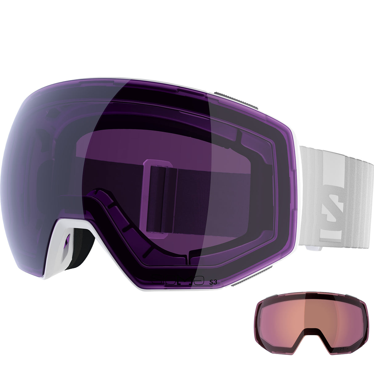 RadiumPrimeSigma-Ski goggles with purple lens and pinkish-red side lenses with a white strap on a white background