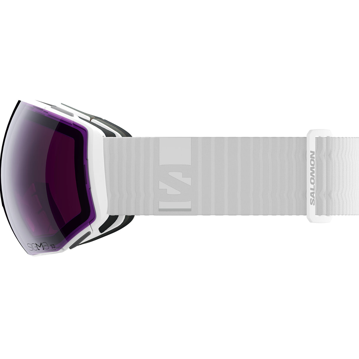 RadiumPrimeSigma-Ski goggles with purple lens and pinkish-red side lenses with a white strap on a white background