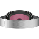 RadiumPrimeSigma-Ski goggles with purple lens and pinkish-red side lenses with a white strap on a white background