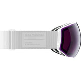RadiumPrimeSigma-Ski goggles with purple lens and pinkish-red side lenses with a white strap on a white background