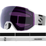 Radium Sigma- Ski goggles with white frame and band and purple lens with a Salomon logo on a white background