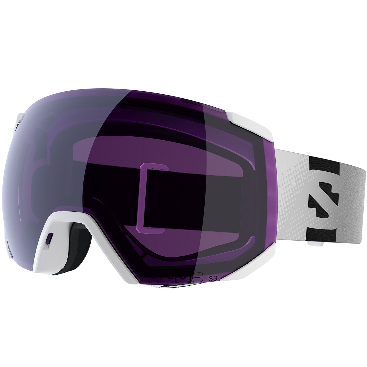Radium Sigma- Ski goggles with white frame and band and purple lens with a Salomon logo on a white background