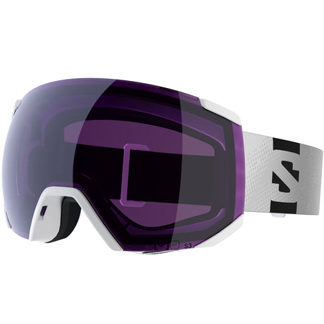 Radium Sigma- Ski goggles with white frame and band and purple lens with a Salomon logo on a white background