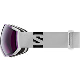 Radium Sigma- Ski goggles with white frame and band and purple lens with a Salomon logo on a white background