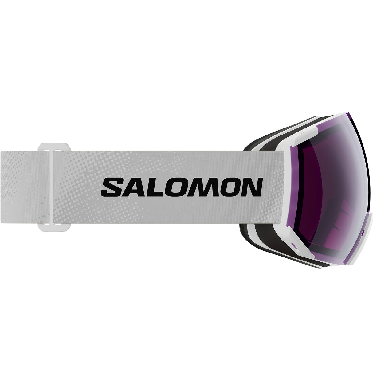 Radium Sigma- Ski goggles with white frame and band and purple lens with a Salomon logo on a white background