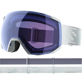 Radium Sigma- Ski goggles with white frame and band and transparent blue lens with a Salomon logo on a white background