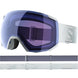 Radium Sigma- Ski goggles with white frame and band and transparent blue lens with a Salomon logo on a white background