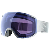 Radium Sigma- Ski goggles with white frame and band and transparent blue lens with a Salomon logo on a white background