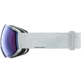 Radium Sigma- Ski goggles with white frame and band and transparent blue lens with a Salomon logo on a white background