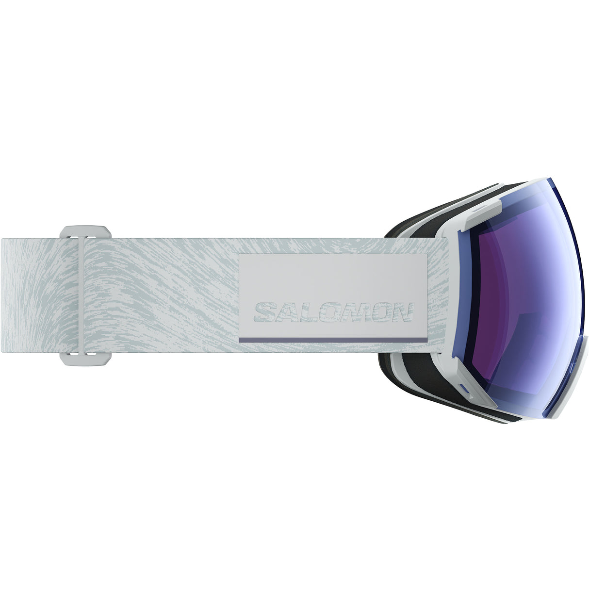 Radium Sigma- Ski goggles with white frame and band and transparent blue lens with a Salomon logo on a white background