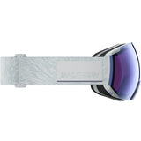Radium Sigma- Ski goggles with white frame and band and transparent blue lens with a Salomon logo on a white background