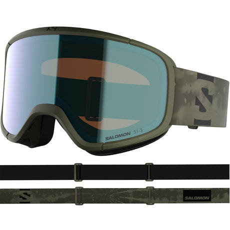 Aksium 2.0 Photo- Salomon ski goggles with green frame and blue lenses on a white background