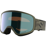 Aksium 2.0 Photo- Salomon ski goggles with green frame and blue lenses on a white background