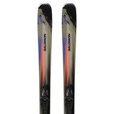 Stance 80- A pair of Salomon Stance 80 adult skis with M11 GW system bindings, featuring a black base color with blue, green, and orange details, and texturized surface.