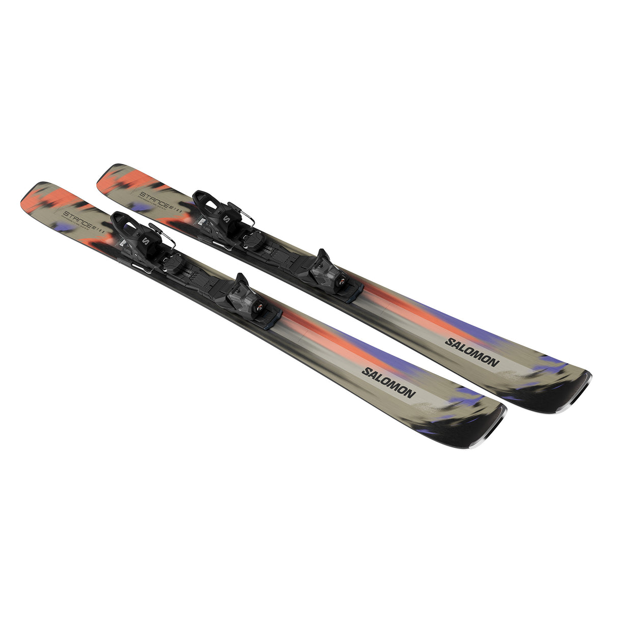 Stance 80- A pair of Salomon Stance 80 adult skis with M11 GW system bindings, featuring a black base color with blue, green, and orange details, and texturized surface.
