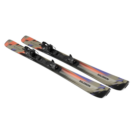 Stance 80- A pair of Salomon Stance 80 adult skis with M11 GW system bindings, featuring a black base color with blue, green, and orange details, and texturized surface.