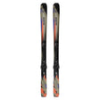 Stance 80- A pair of Salomon Stance 80 adult skis with M11 GW system bindings, featuring a black base color with blue, green, and orange details, and texturized surface.