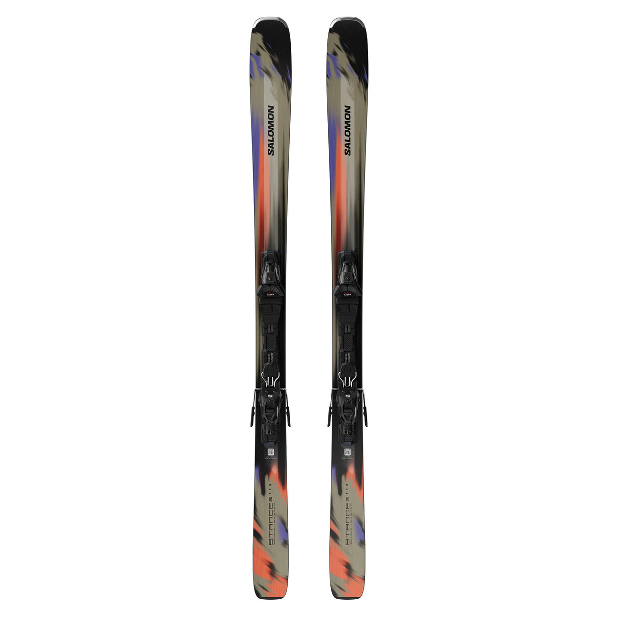 Stance 80- A pair of Salomon Stance 80 adult skis with M11 GW system bindings, featuring a black base color with blue, green, and orange details, and texturized surface.