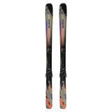 Stance 80- A pair of Salomon Stance 80 adult skis with M11 GW system bindings, featuring a black base color with blue, green, and orange details, and texturized surface.