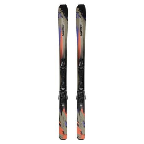Stance 80- A pair of Salomon Stance 80 adult skis with M11 GW system bindings, featuring a black base color with blue, green, and orange details, and texturized surface.