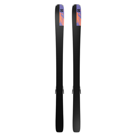 Stance 80- A pair of Salomon Stance 80 adult skis with M11 GW system bindings, featuring a black base color with blue, green, and orange details, and texturized surface.
