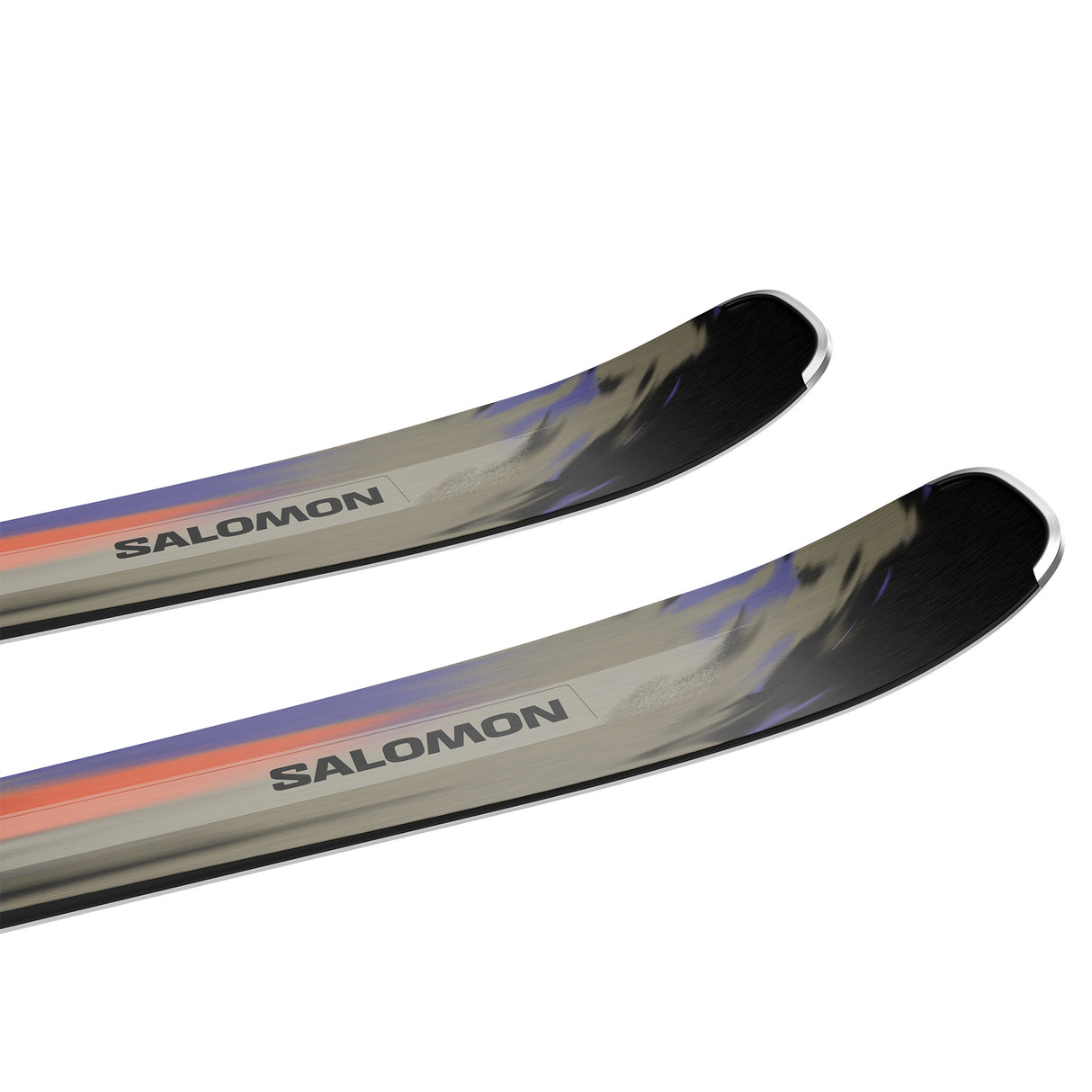 Stance 80- A pair of Salomon Stance 80 adult skis with M11 GW system bindings, featuring a black base color with blue, green, and orange details, and texturized surface.