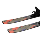 Stance 80- A pair of Salomon Stance 80 adult skis with M11 GW system bindings, featuring a black base color with blue, green, and orange details, and texturized surface.
