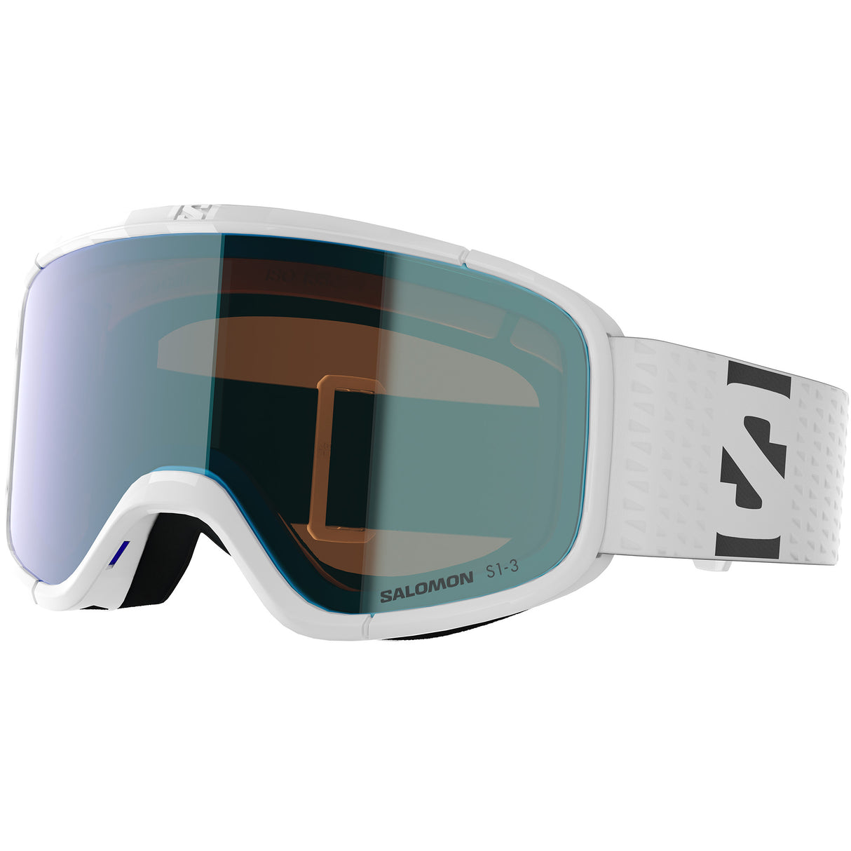 Aksium 2.0 Photo- Salomon ski goggles with white frame and blue lenses on a white background