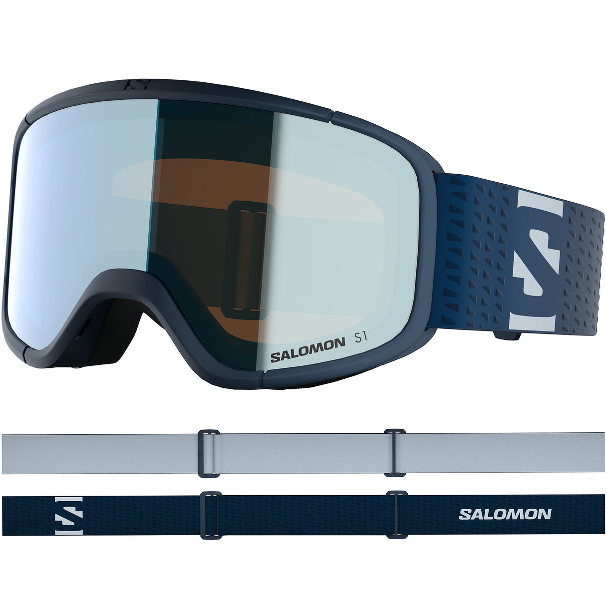 Aksium 2.0 S-Blue ski goggles with a strap on a white background