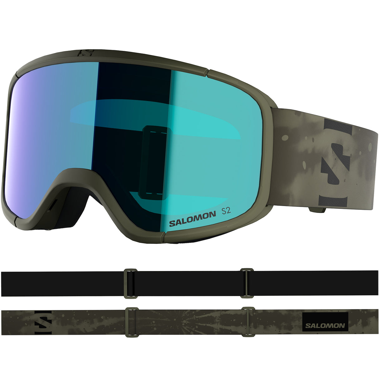 Aksium 2.0 S-Green ski goggles with a strap on a white background