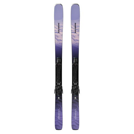 W Stance 84- A pair of Salomon Stance 84 women's skis with M11 GW system bindings in black, mounted on a white background.