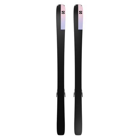 W Stance 84- A pair of Salomon Stance 84 women's skis with M11 GW system bindings in black, mounted on a white background.