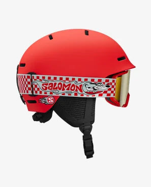 Player Junior Helmet and Goggle Combo- Red helmet and goggles with 'Salomon' branding on a white background