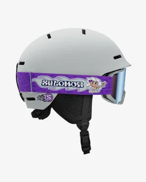 Player Junior Helmet and Goggle Combo- Light blue helmet and goggles with 'Salomon' branding on a white background