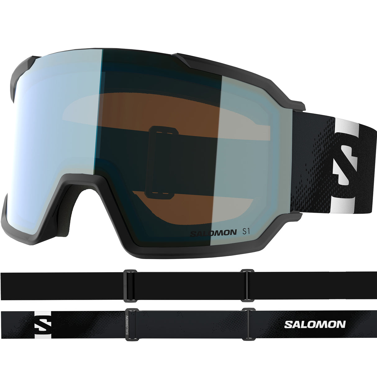 S/View 3- Salomon ski goggles with blue lens and a black strap on a white background