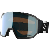 S/View 3- Salomon ski goggles with blue lens and a black strap on a white background