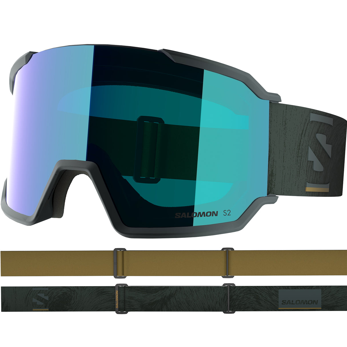 S/View 3- Salomon ski goggles with blue lens and a green strap on a white background