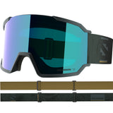 S/View 3- Salomon ski goggles with blue lens and a green strap on a white background