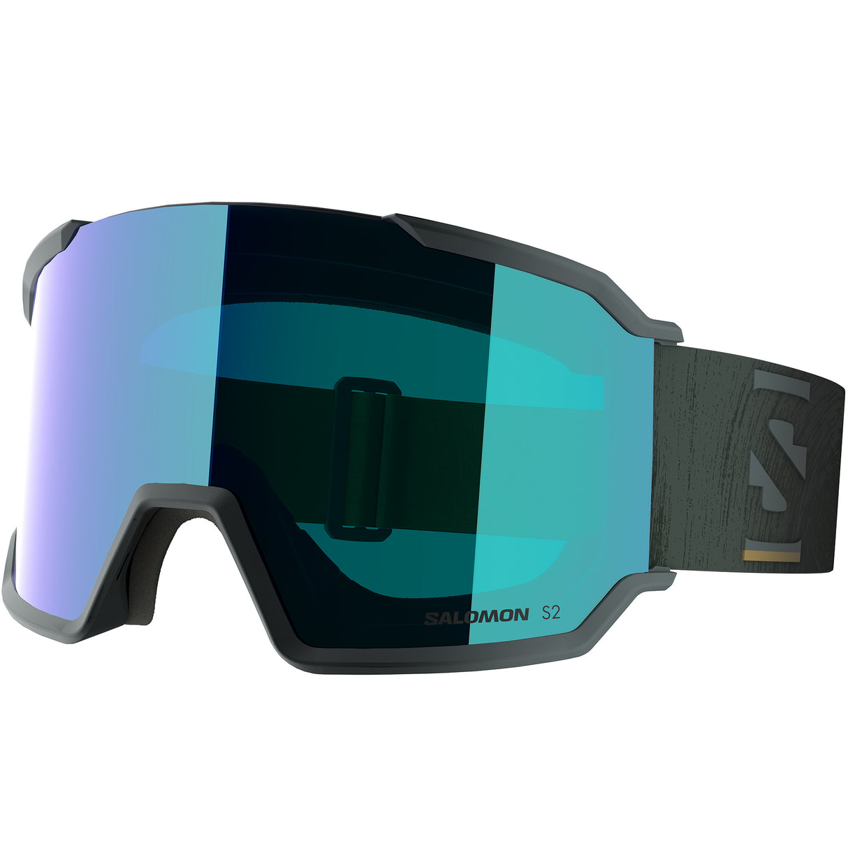 S/View 3- Salomon ski goggles with blue lens and a green strap on a white background