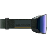S/View 3- Salomon ski goggles with blue lens and a green strap on a white background